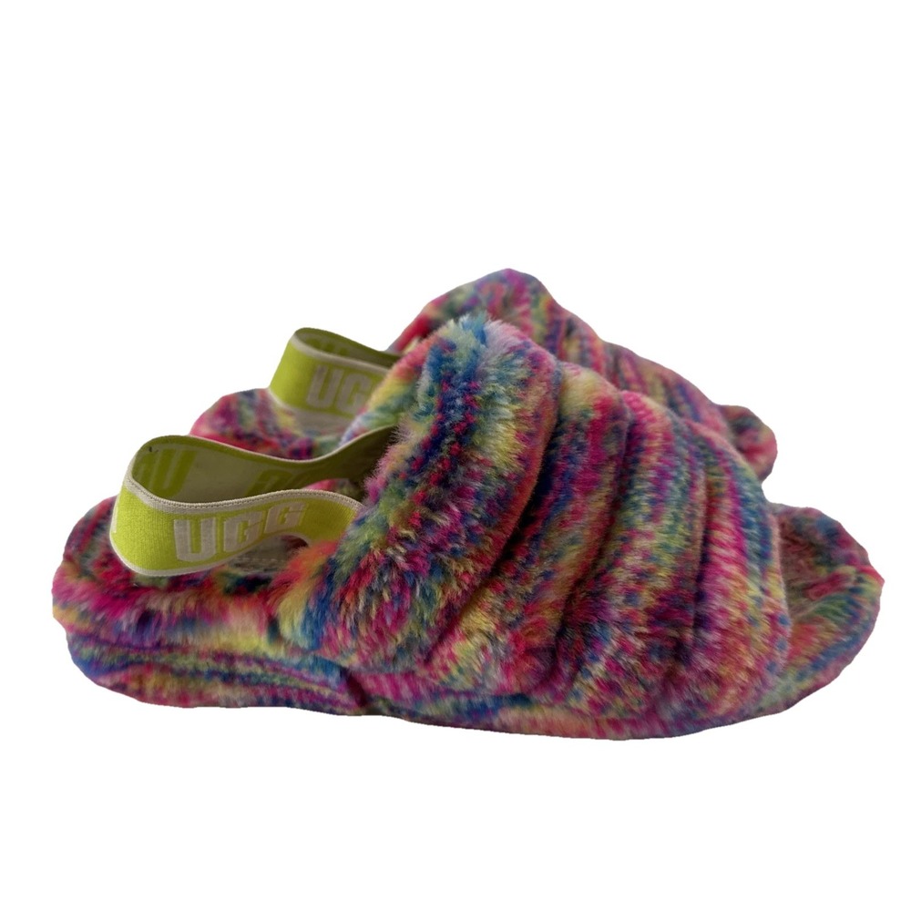 UGG Fluff Yeah Platform Slippers Women 9 Pink Tie Dye Shearling Slingback